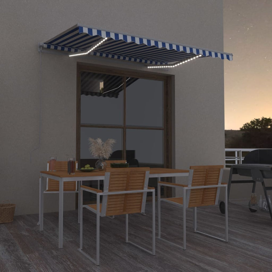 Luifel Handmatig Uittrekbaar Met Led 300 x 250 cm Blauw en wit