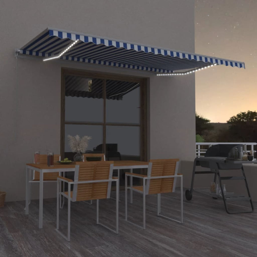 Luifel Handmatig Uittrekbaar Met Led 500X350 Cm Blauw En Wit 500 x 350 cm