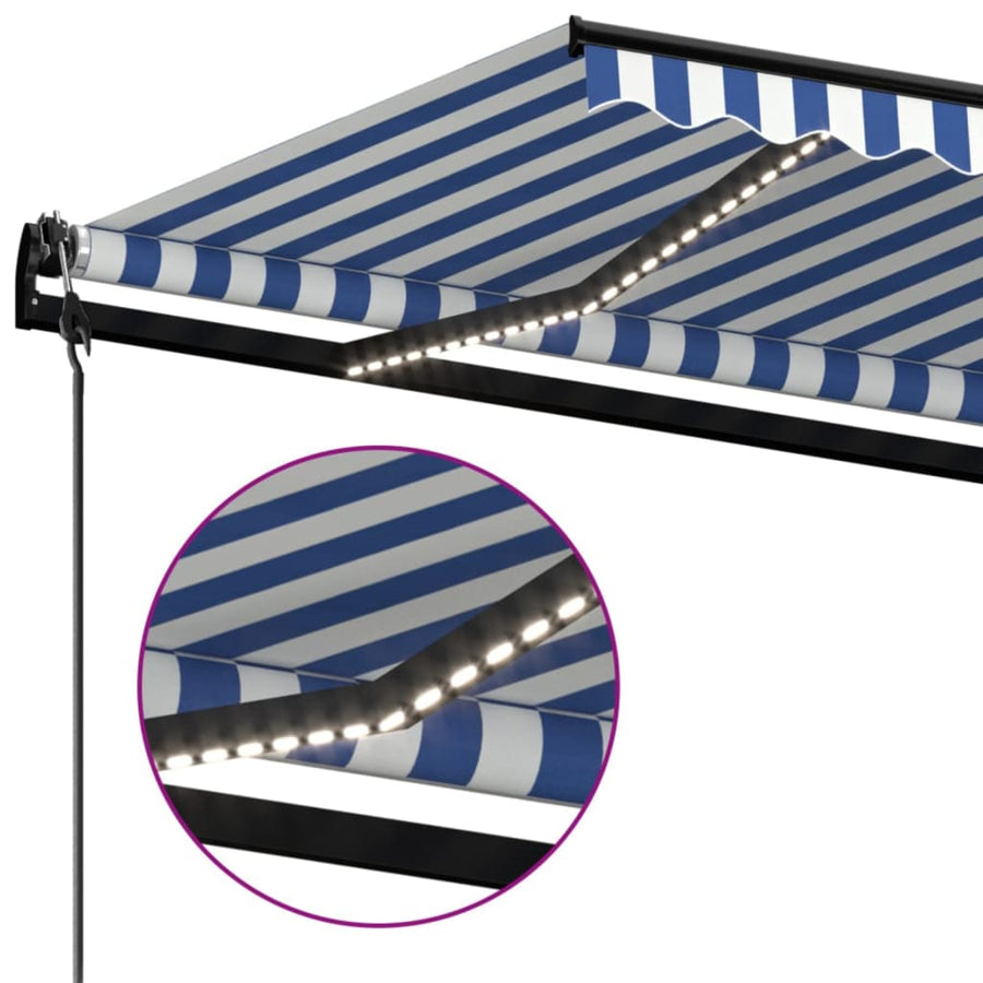 Luifel automatisch met LED en windsensor 450x300 cm blauw wit 450 x 300 cm Blauw en wit
