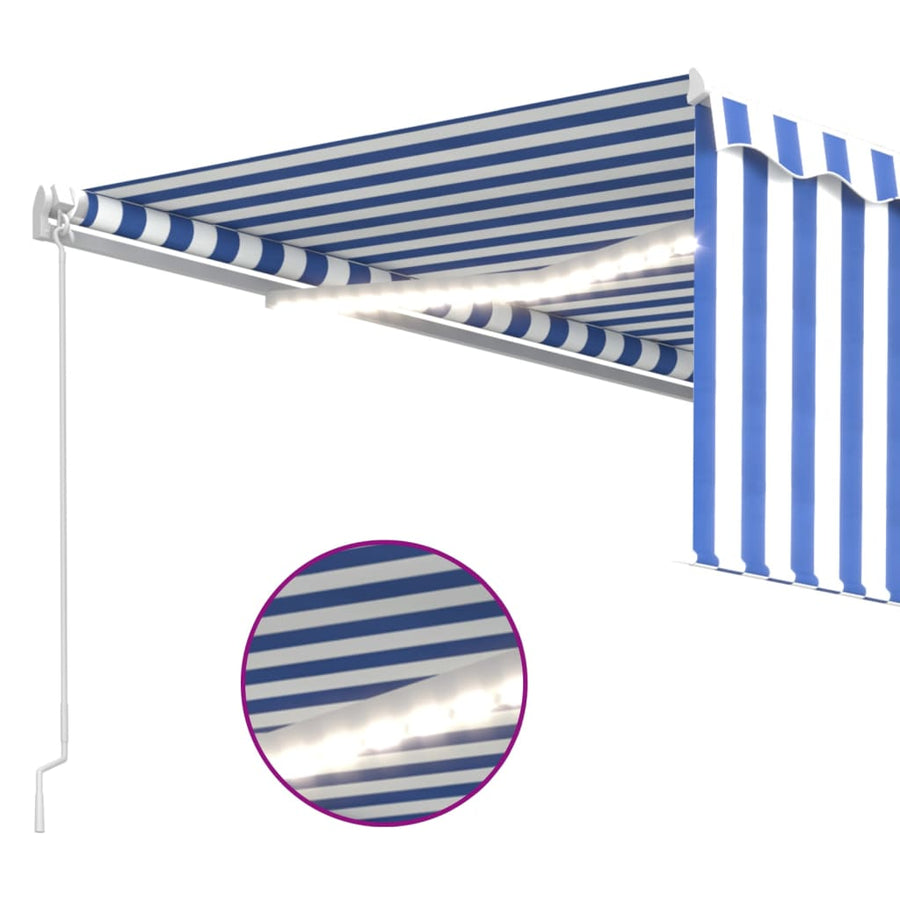 Luifel handmatig uittrekbaar met rolgordijn LED 4x3 m blauw wit 4 x 3 m Blauw en wit