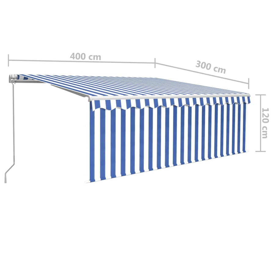 Luifel handmatig uittrekbaar met rolgordijn LED 4x3 m blauw wit 4 x 3 m Blauw en wit