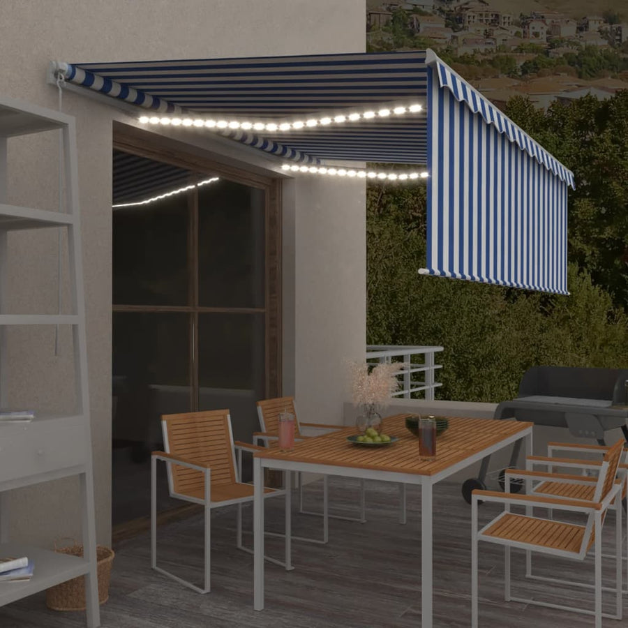 Luifel Handmatig Uittrekbaar Rolgordijn Led 4,5X3 M Blauw Wit 4.5 x 3 m Blauw en wit