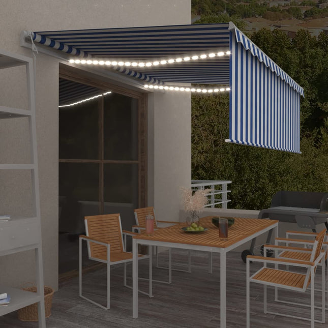 Luifel Met Rolgordijn, Led En Windsensor 4,5X3 M 4.5 x 3 m Blauw en wit