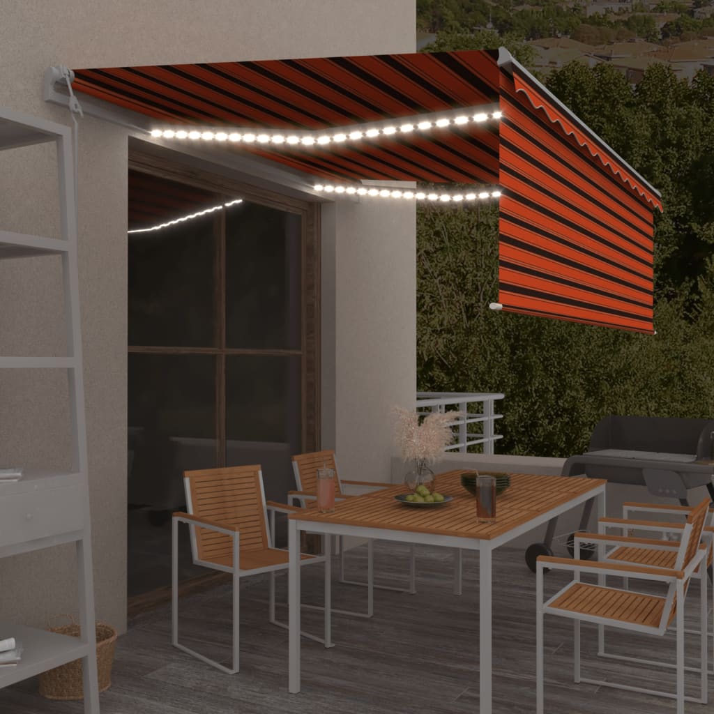 Luifel Met Rolgordijn, Led En Windsensor 4,5X3 M Oranje Bruin 4.5 x 3 m Multikleur