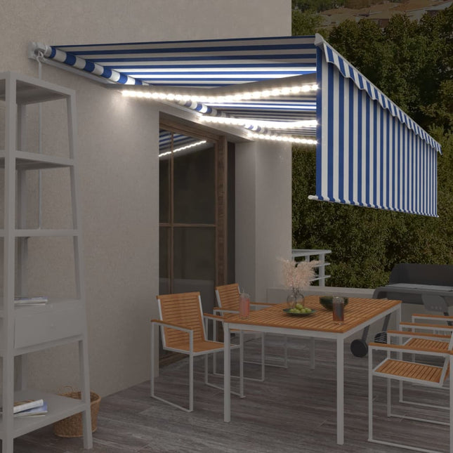 Luifel Handmatig Uittrekbaar Met Rolgordijn Led 6X3 M Blauw Wit 6 x 3 m Blauw en wit