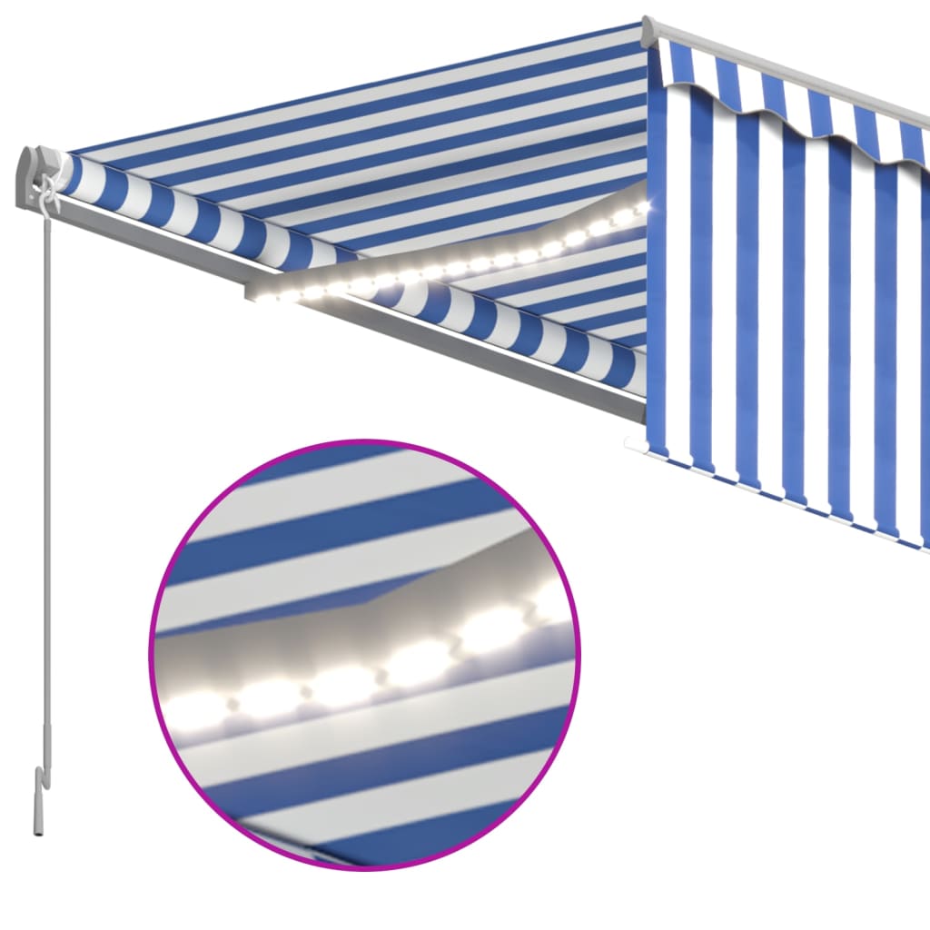 Luifel Met Rolgordijn, Led En Windsensor 4,5X3 M 4.5 x 3 m Blauw en wit