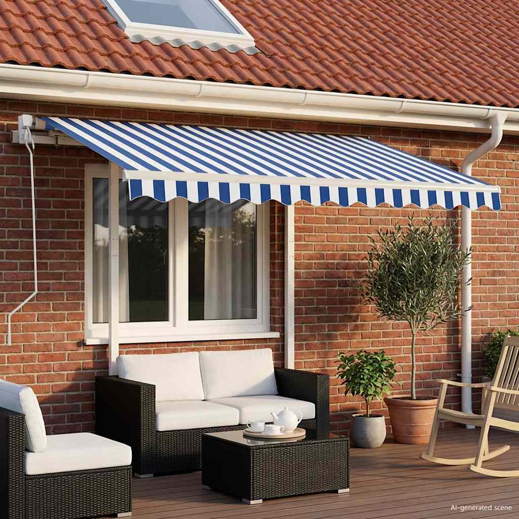 Luifel automatisch uittrekbaar met palen 3x2,5 m blauw en wit
