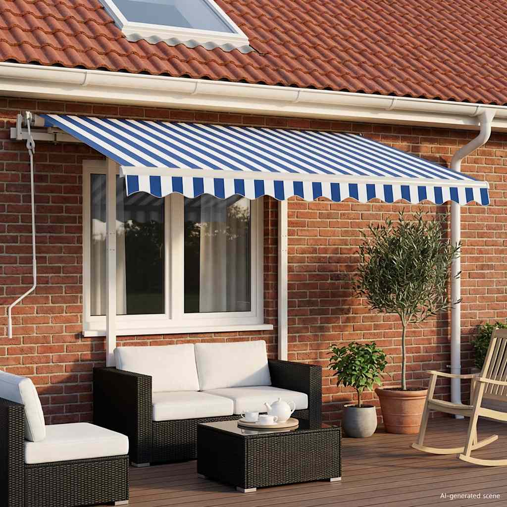 Luifel handmatig uittrekbaar met LED 3,5x2,5 m blauw en wit