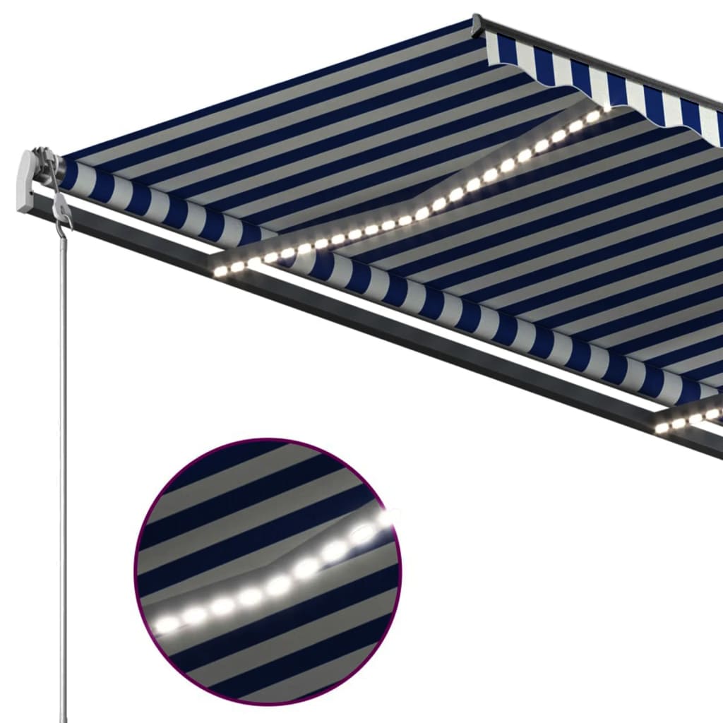 Luifel Handmatig Uittrekbaar Met Led 3X2,5 M 3 x 2.5 m Blauw en wit