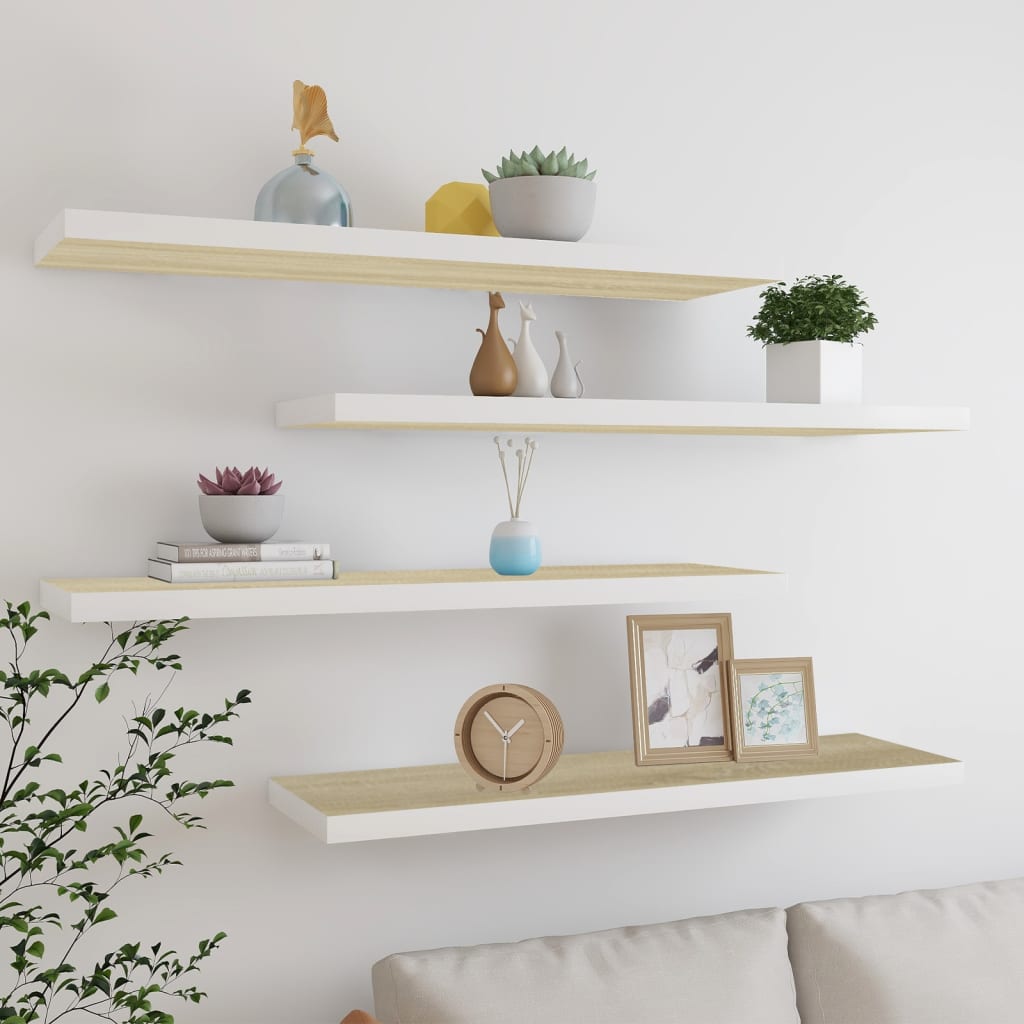 Wandschappen zwevend 4 st 90x23,5x3,8 cm MDF eikenkleurig wit 4 90 x 23.5 x 3.8 cm