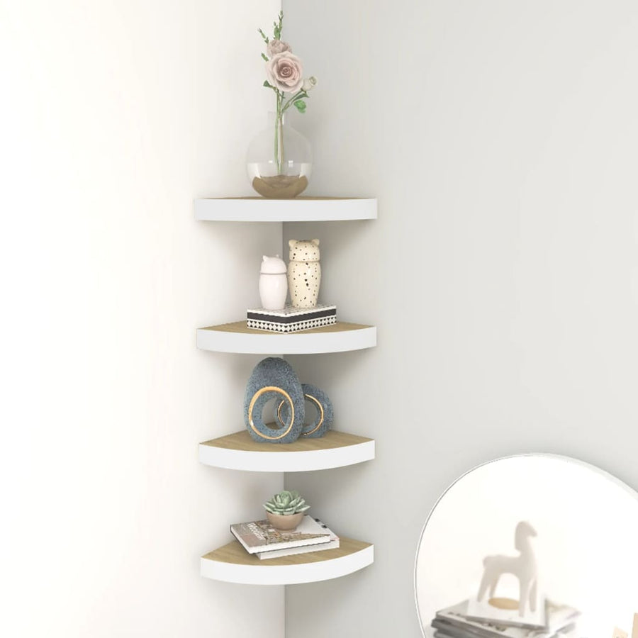 Hoekwandschappen 25X25X3,8 Cm Mdf Kleurig En 4 25 x 25 x 3.8 cm Eiken en wit