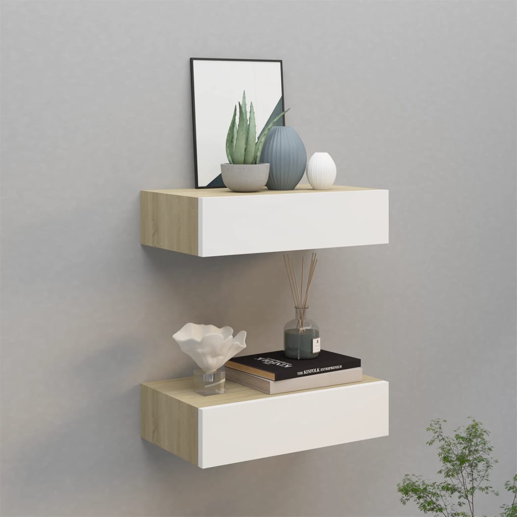 Wandschappen Met Lade 40X3,5X10 Cm Mdf Kleur En 2 40 x 23.5 x 10 cm Eiken en wit