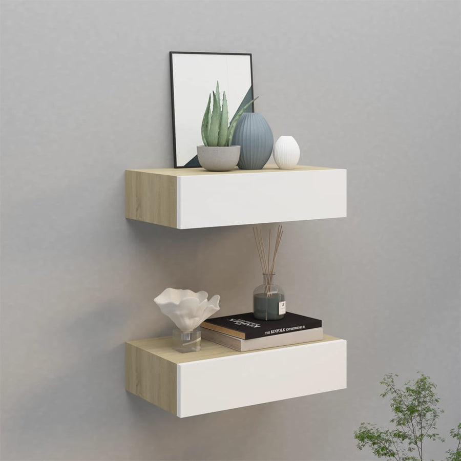Wandschappen Met Lade 40X3,5X10 Cm Mdf Kleur En 2 40 x 23.5 x 10 cm Eiken en wit