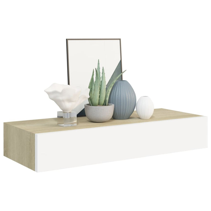 Wandschap Met Lade 60X23,5X0 Cm Mdf Kleurig En 1 60 x 23.5 x 10 cm Eiken en wit