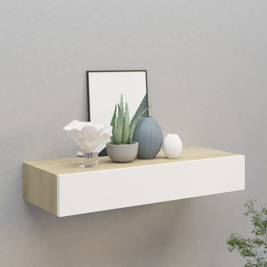 Wandschap Met Lade 60X23,5X0 Cm Mdf Kleurig En 1 60 x 23.5 x 10 cm Eiken en wit