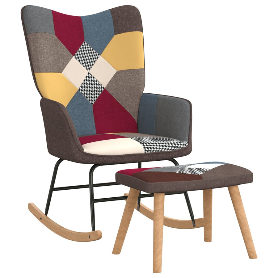 Schommelstoel Met Voetenbank Patchwork Stof Grijs Met voetensteun