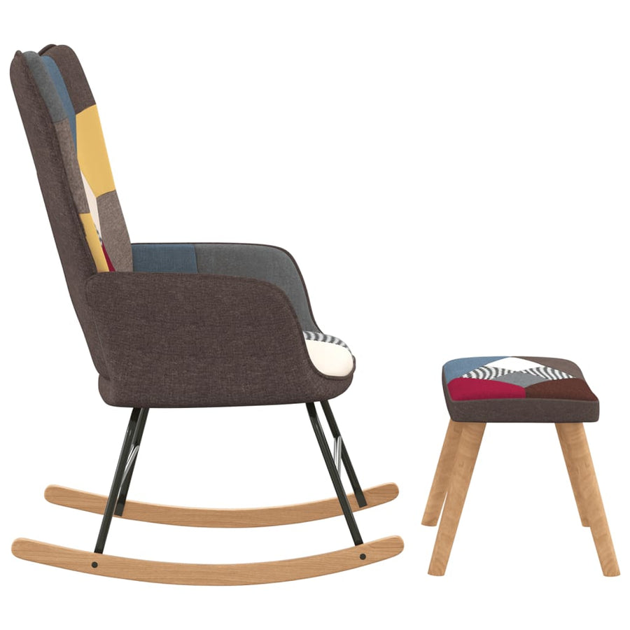 Schommelstoel Met Voetenbank Patchwork Stof Grijs Met voetensteun