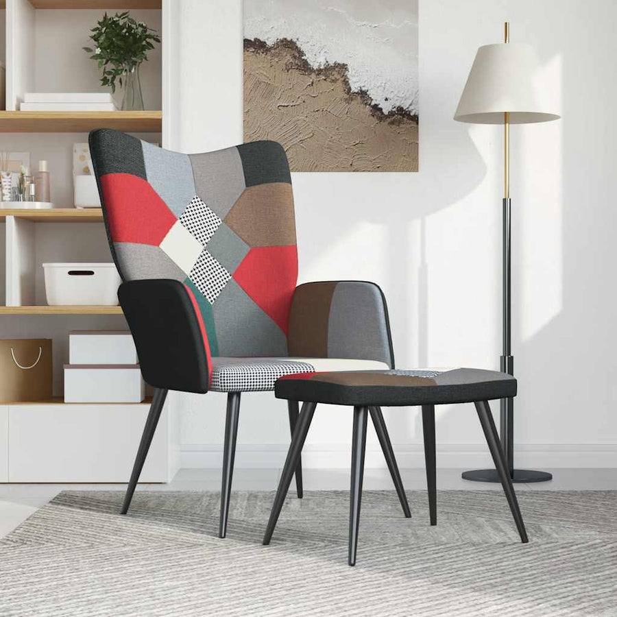 Relaxstoel met voetenbank patchwork stof