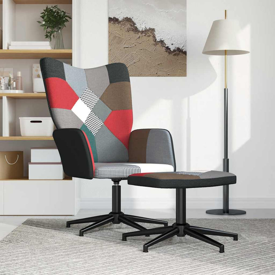 Relaxstoel met voetenbank patchwork stof