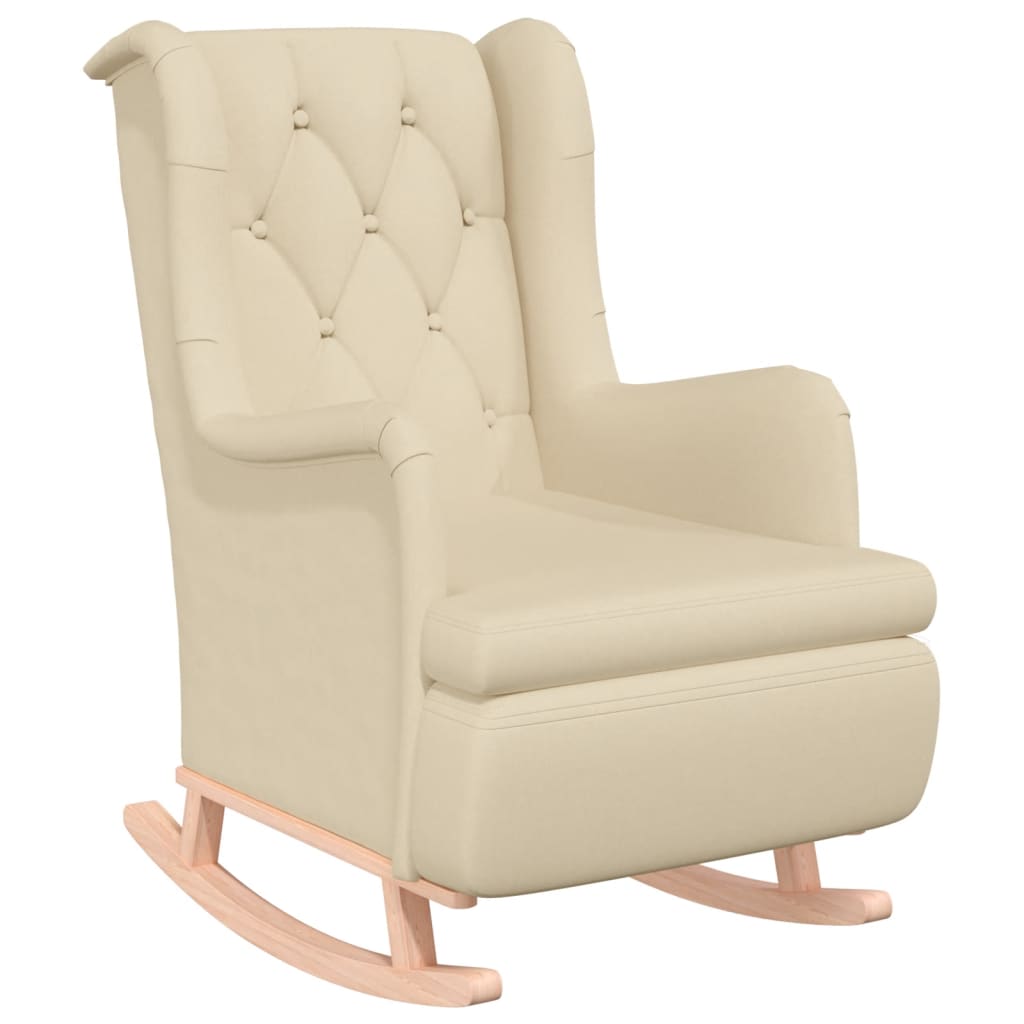 Fauteuil Met Massief Rubberwood Schommelpoten Stof Kleurig Crème Zonder voetensteun