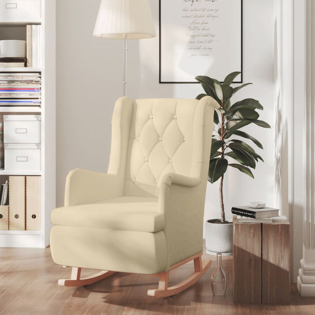 Fauteuil Met Massief Rubberwood Schommelpoten Stof Kleurig Crème Zonder voetensteun