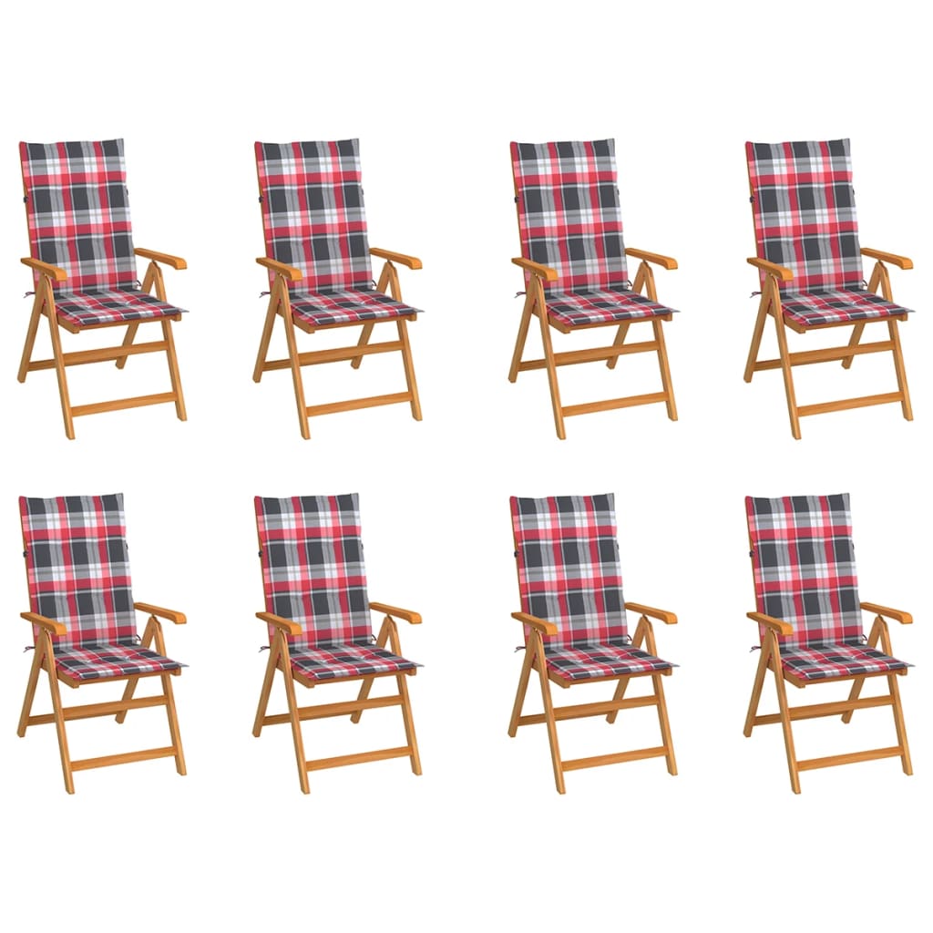Tuinstoelen Verstelbaar Met Kussens Massief Teakhout 8 Rood ruitpatroon