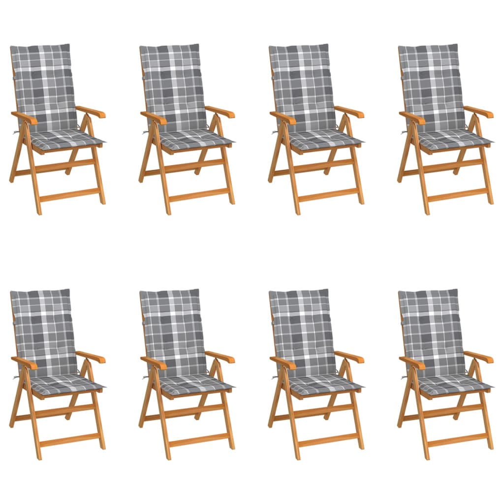 Tuinstoelen Verstelbaar Met Kussens Massief Teakhout 8 Grijs ruitpatroon