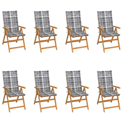Tuinstoelen Verstelbaar Met Kussens Massief Teakhout 8 Grijs ruitpatroon