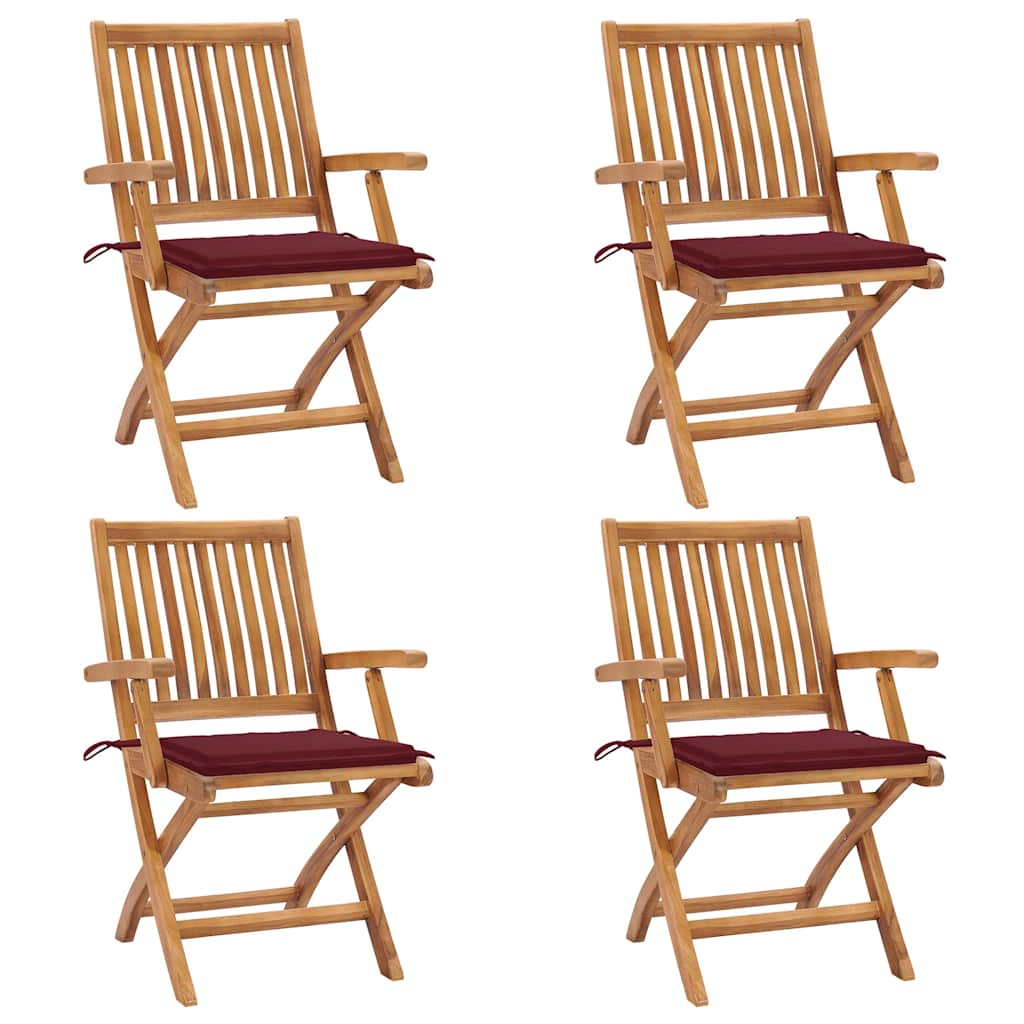 Tuinstoelen 4 St Inklapbaar Met Kussens Massief Teakhout Wijnrood Met armleuning