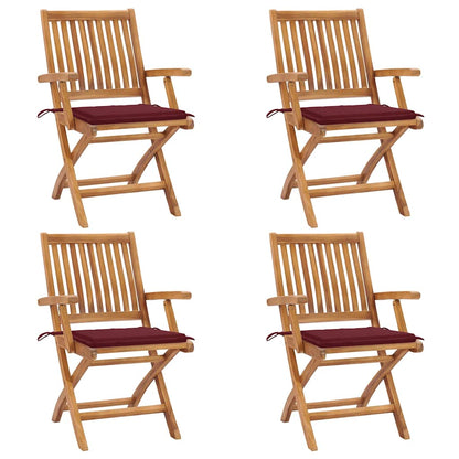 Tuinstoelen 4 St Inklapbaar Met Kussens Massief Teakhout Wijnrood Met armleuning