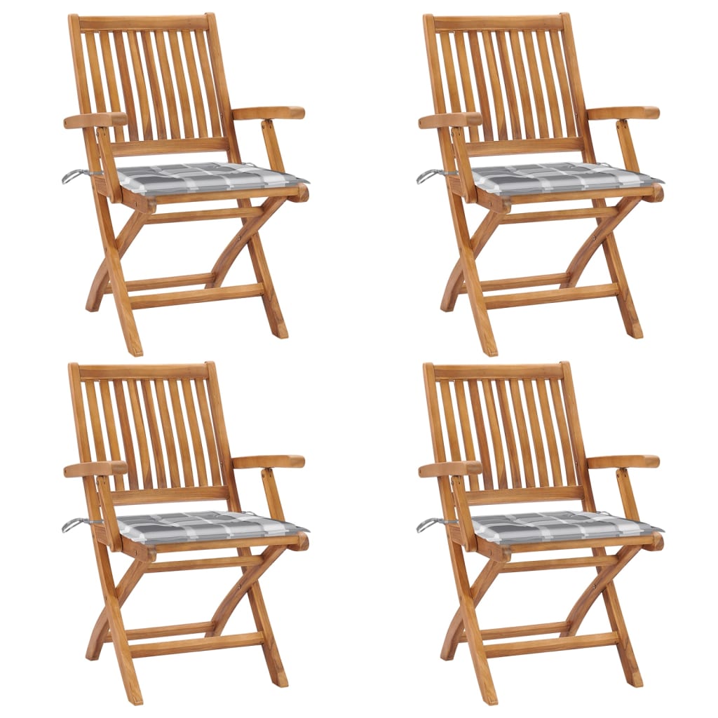Tuinstoelen 4 St Inklapbaar Met Kussens Massief Teakhout Grijs ruitpatroon Met armleuning
