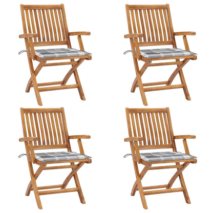 Tuinstoelen 4 St Inklapbaar Met Kussens Massief Teakhout Grijs ruitpatroon Met armleuning