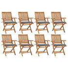 Garden chairs, 8 pcs, foldable, with cushions, solid teak