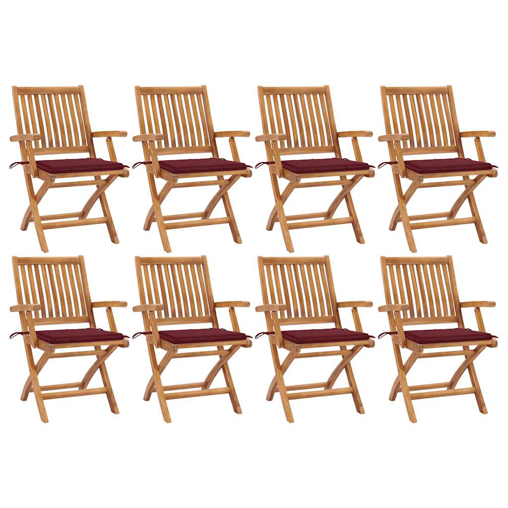 Tuinstoelen 8 St Inklapbaar Met Kussens Massief Teakhout Wijnrood Met armleuning