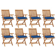 Tuinstoel inklapbaar massief teakhout blauw kussen 8 stuks