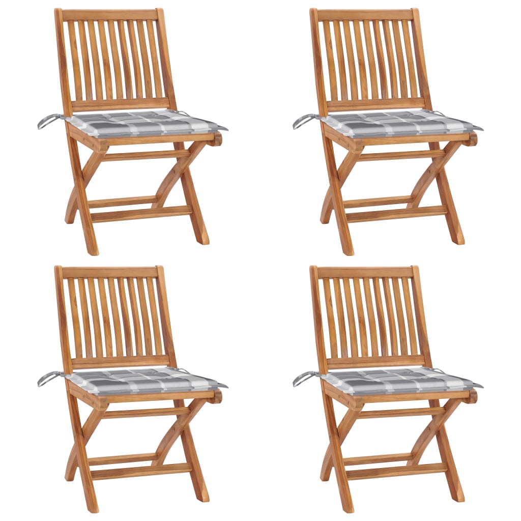 Tuinstoelen 4 St Inklapbaar Met Kussens Massief Teakhout Grijs ruitpatroon Zonder armleuning