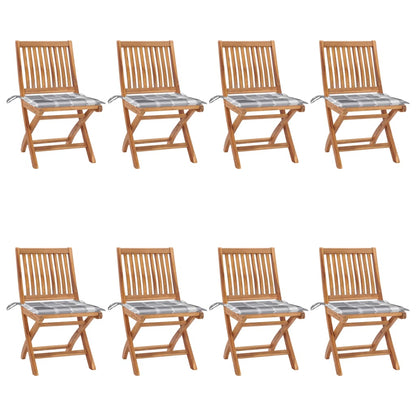 Tuinstoelen 8 St Inklapbaar Met Kussens Massief Teakhout Grijs ruitpatroon Zonder armleuning