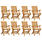 Tuinstoelen 8 st massief teakhout crèmekleurige kussens
