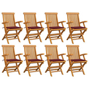 Tuinstoelen 8 st massief teakhout wijnrode kussens