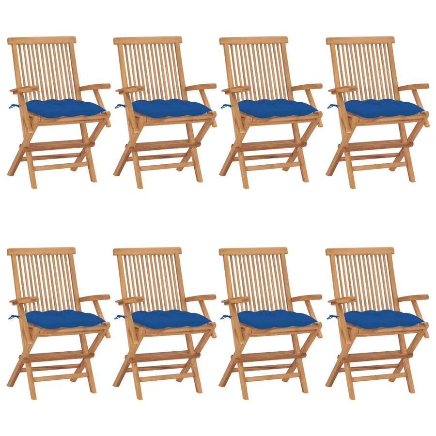 Tuinstoelen 8 st met blauwe kussens massief teakhout