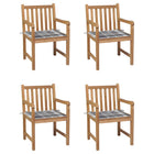 Tuinstoelen 4 st massief teakhout met grijs geruite kussens