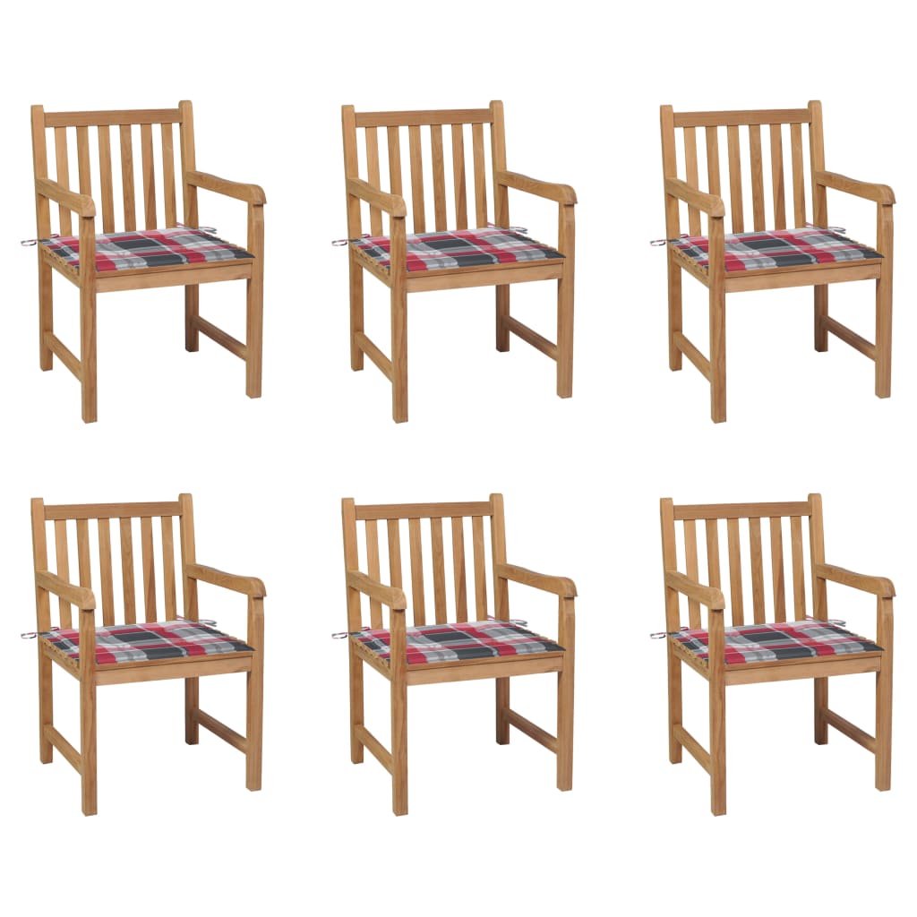 Tuinstoelen 6 St Met Rood Geruite Kussens Massief Teakhout Rood ruitpatroon