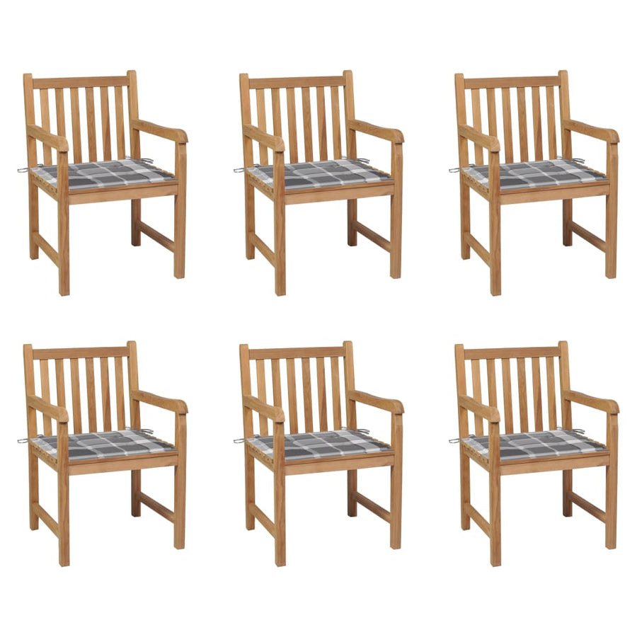 Tuinstoelen 6 St Met Grijs Geruite Kussens Massief Teakhout Grijs ruitpatroon