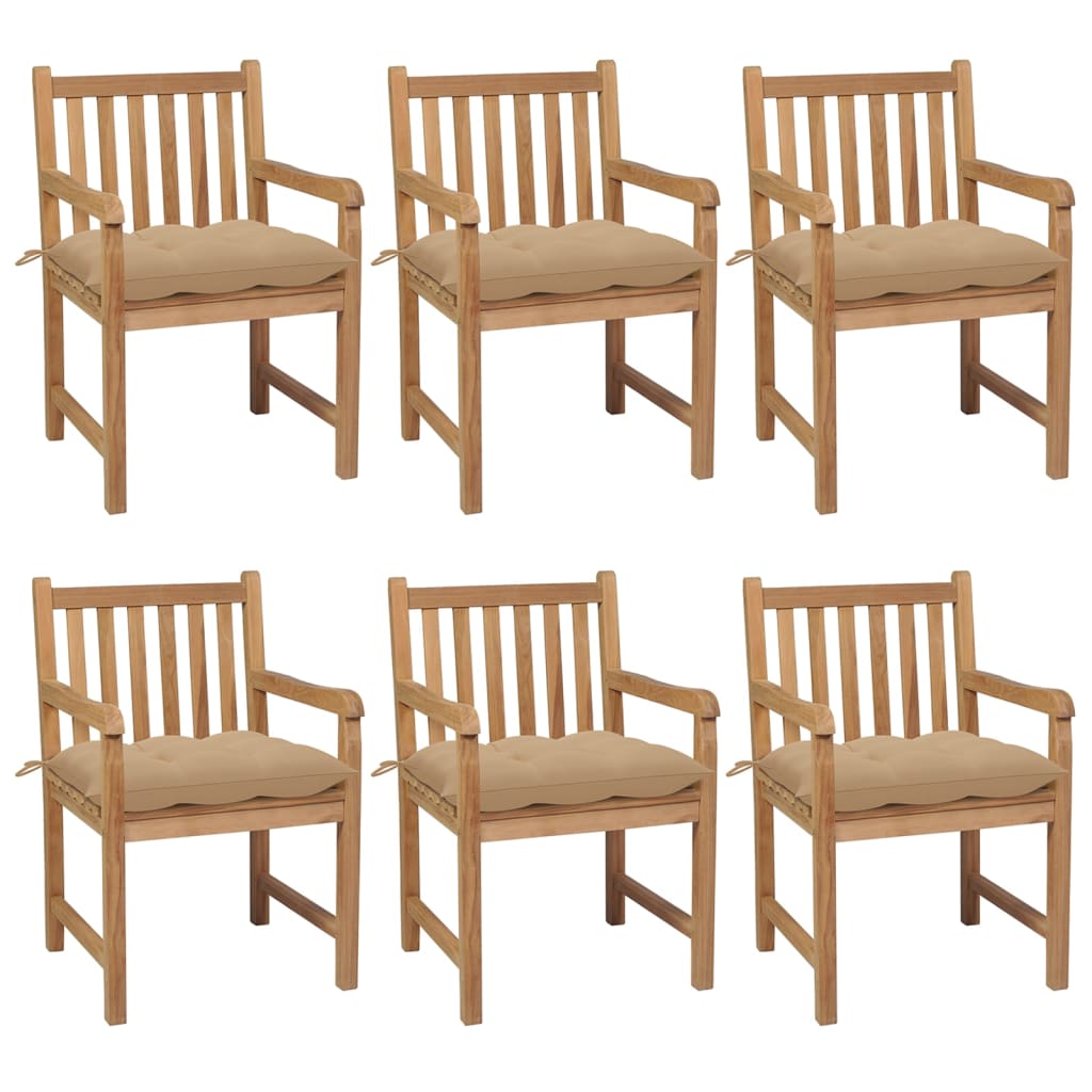 Tuinstoelen 6 st met beige kussens massief teakhout