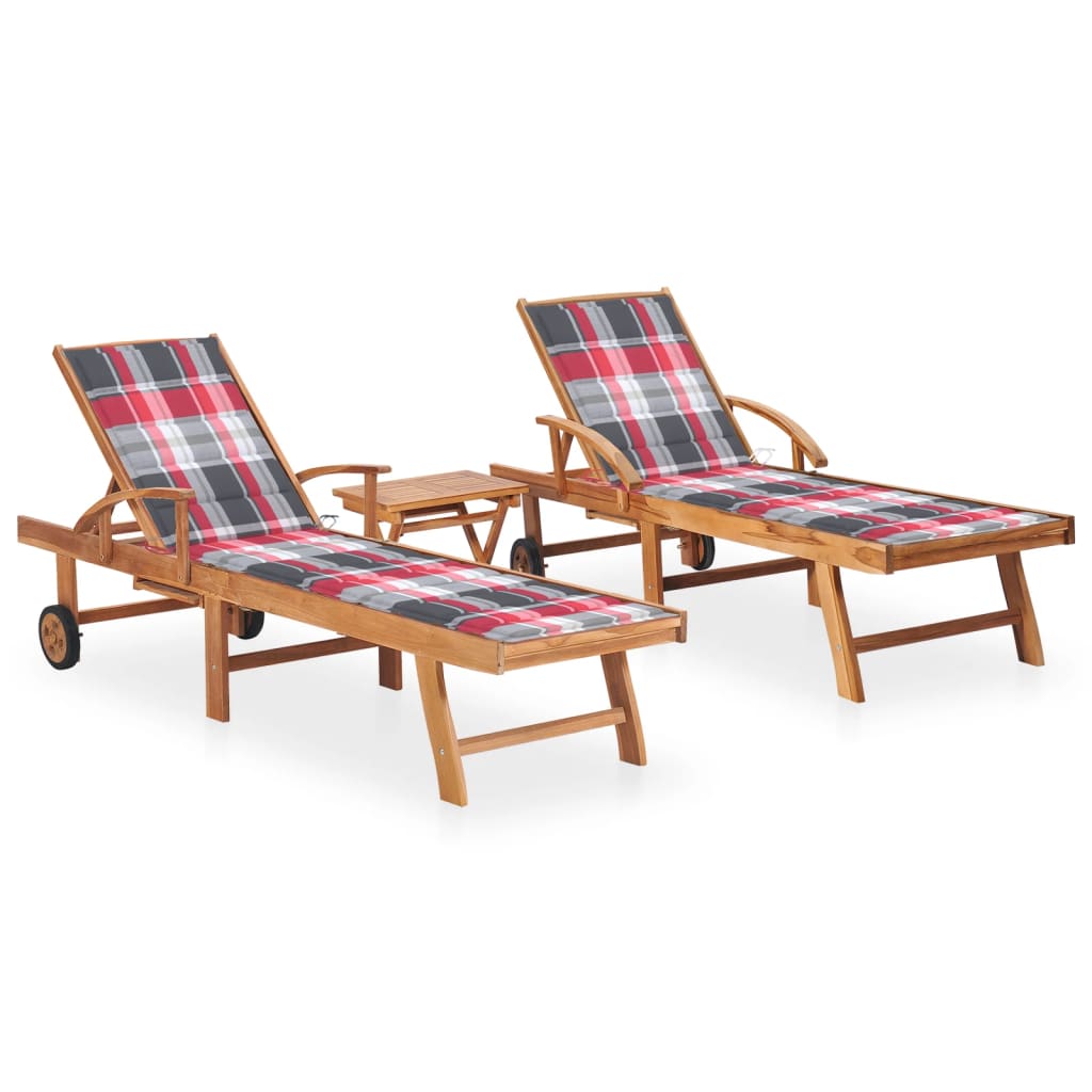 Ligbedden 2 St Met Tafel En Kussens Massief Teakhout Rood ruitpatroon