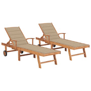 Ligbedden 2 st massief teakhout met beige kussens