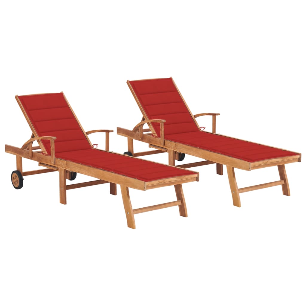 Ligbedden 2 St Met Rode Kussens Massief Teakhout Rood Zonder tafel