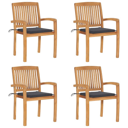 Tuinstoelen stapelbaar 4 st met kussens massief teakhout