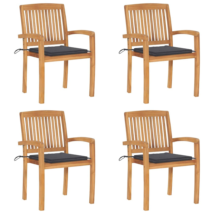 Tuinstoelen stapelbaar 4 st met kussens massief teakhout