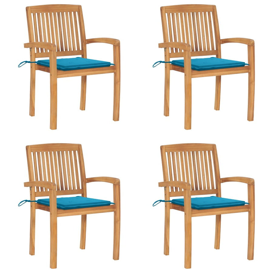 Tuinstoelen stapelbaar 4 st met kussens massief teakhout